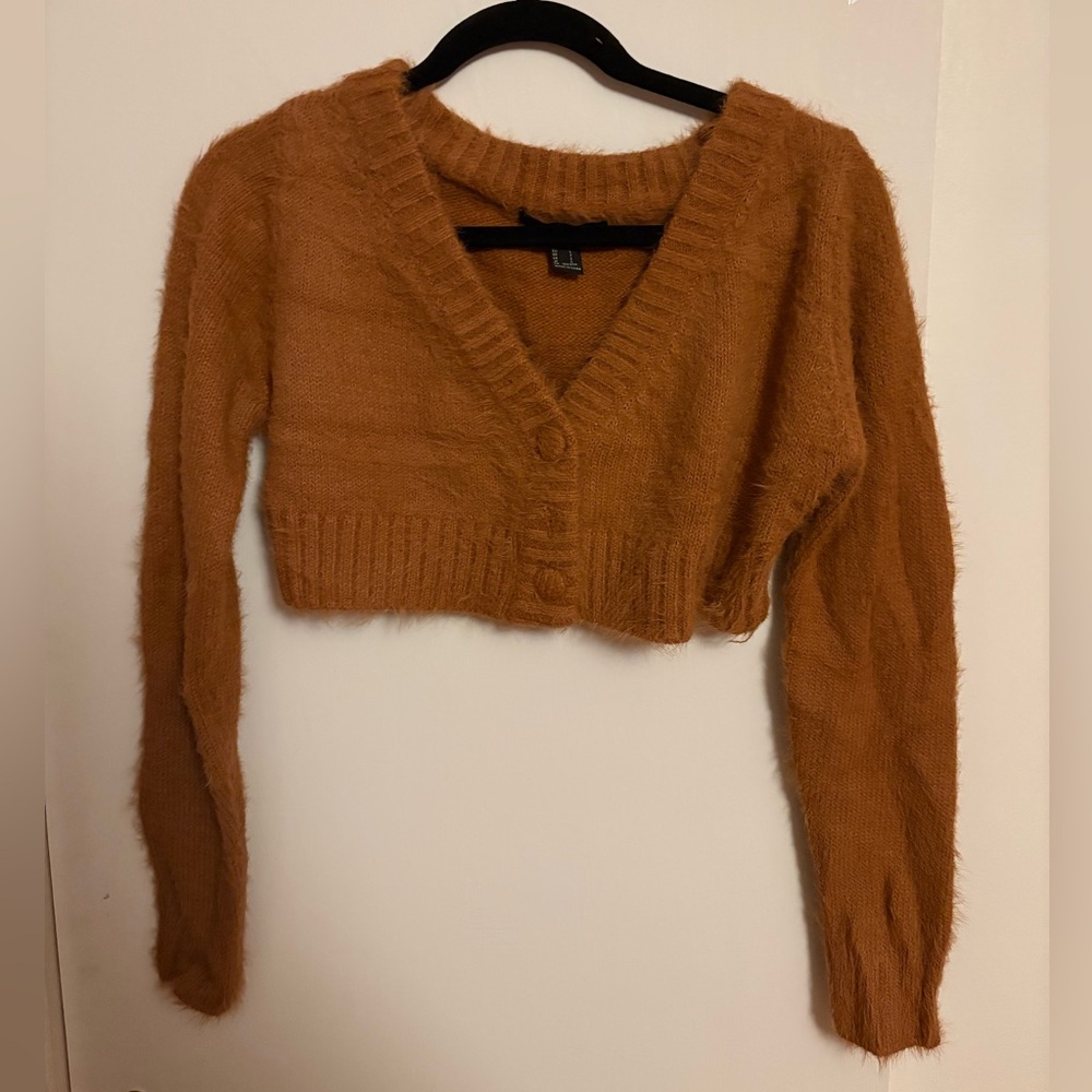 Forever 21 Tan V-Neck Cropped Fuzzy Sweater